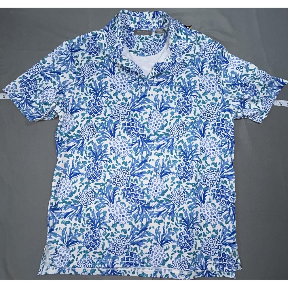 Daniel Cremieux Signature Polo Shirt Mens M Blue Pineapple Print Stretch Casual